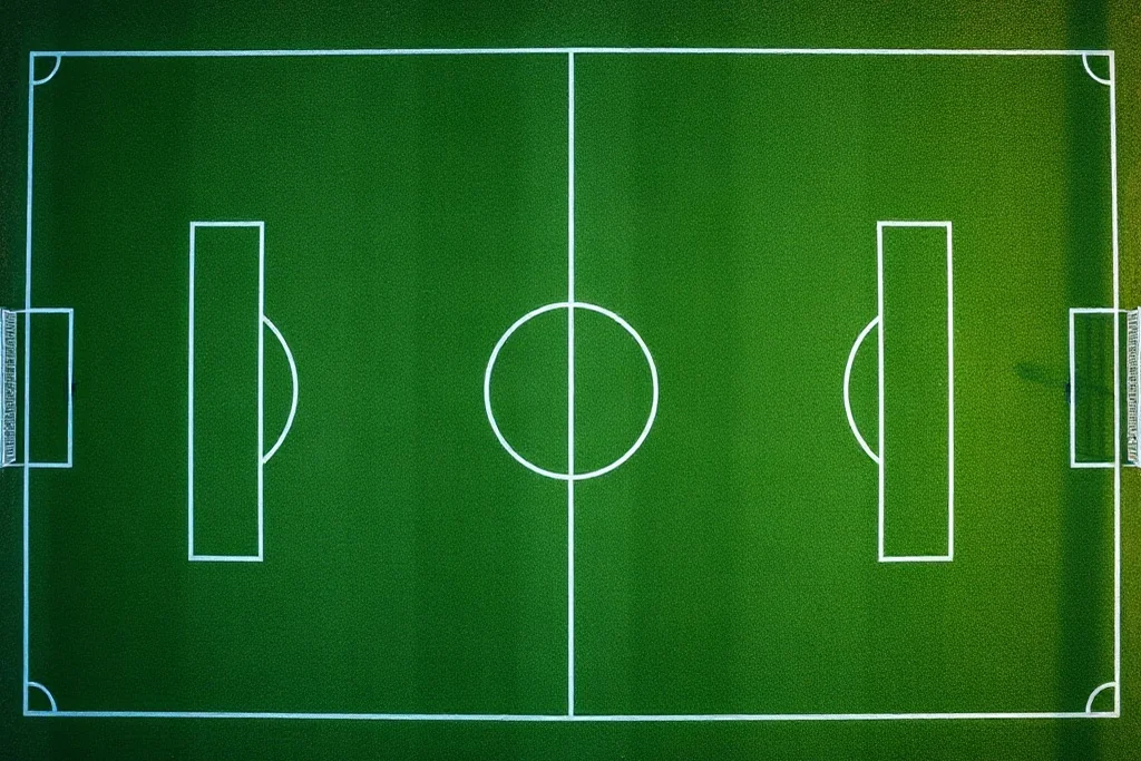 Campo de futebol com grama verde e linhas brancas visto de cima