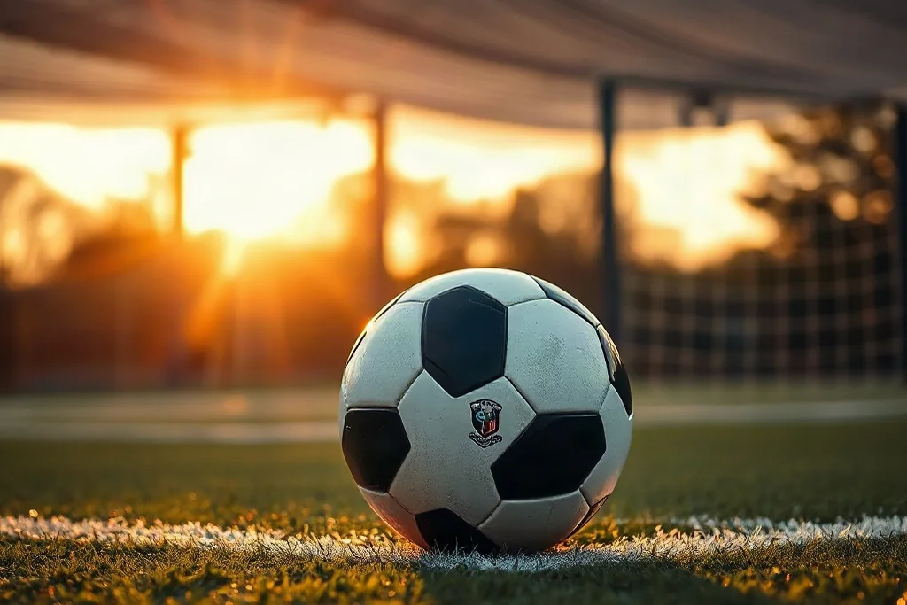 Bola de futebol na marca do pênalti com rede ao fundo