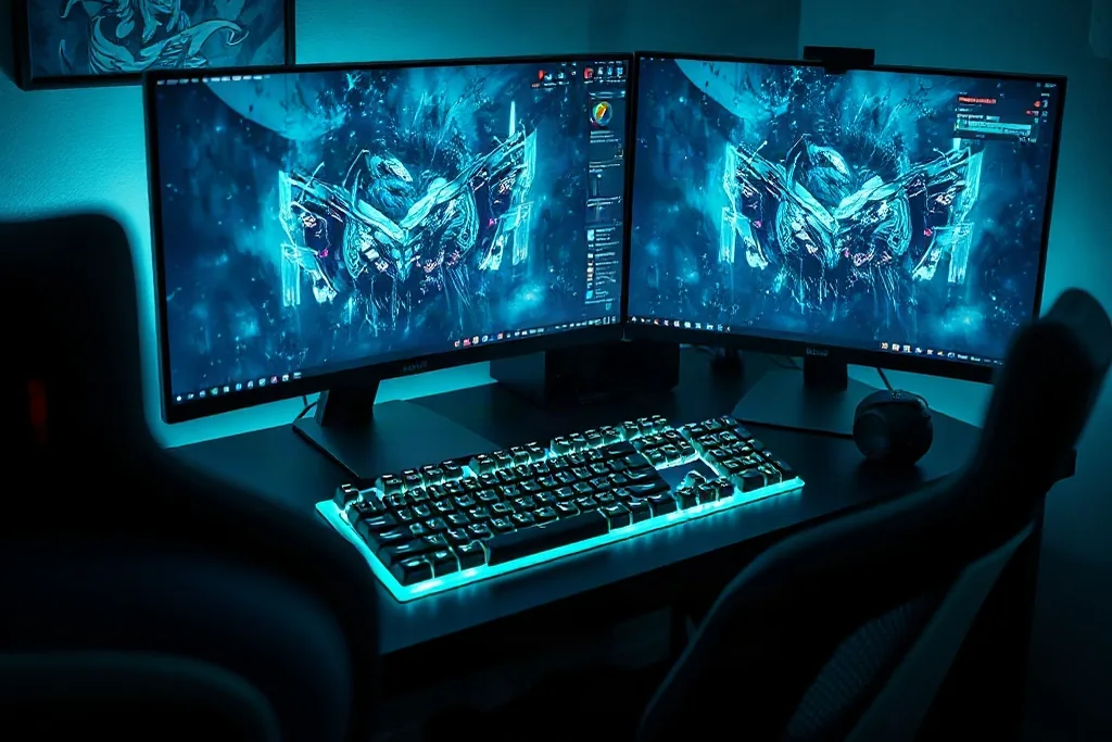 Setup de computador gamer com telas mostrando partida de eSports