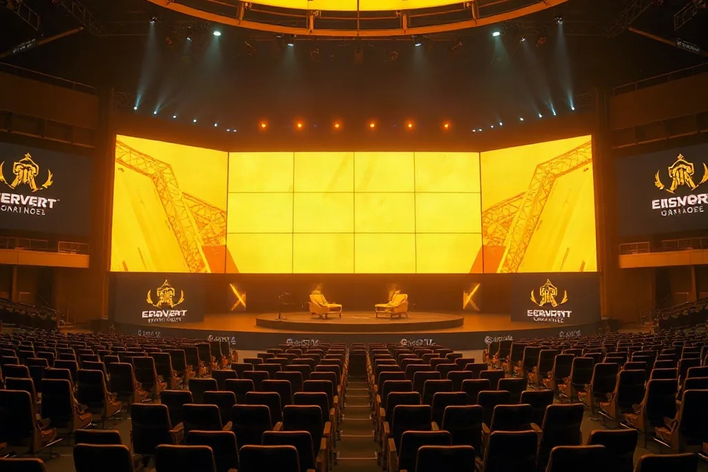 Arena de esportes iluminada à noite com telão ao fundo