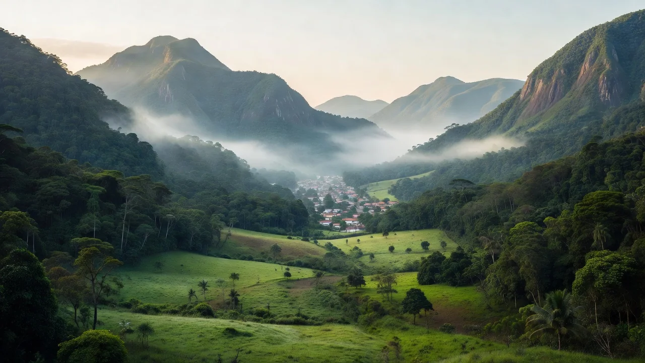 Vale de Corupá coberto de neblina ao amanhecer