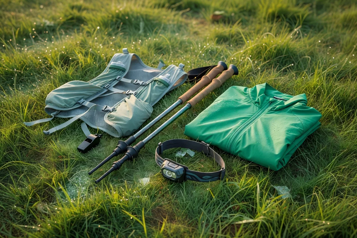 Mochila de hidratação e bastões de caminhada em trilha de montanha